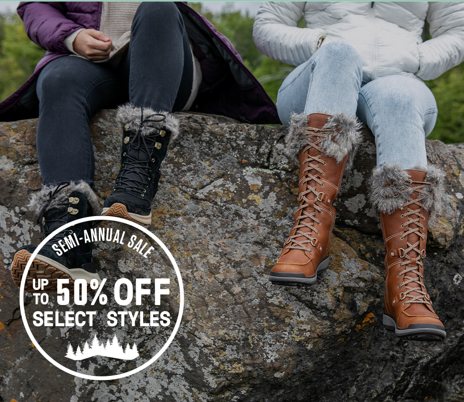 Two people sitting on a rock wearing Merrell winter boots.