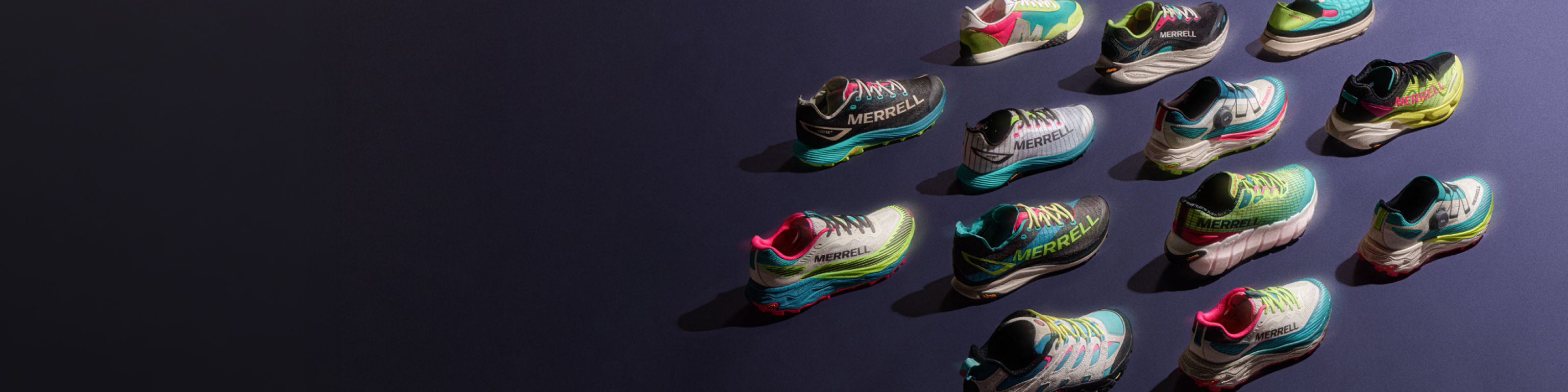 The Merrell 45th Anniversary Collection shoes arranged on a dark background.