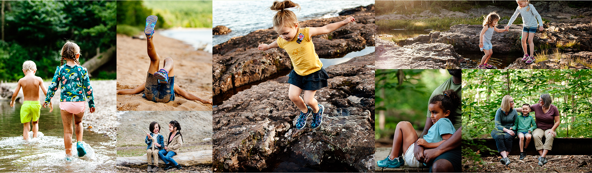 Collage of kids wearing merrell shoes while hiking in the woods.