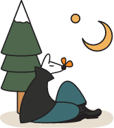 Cartoon of a dog sitting under a pine tree