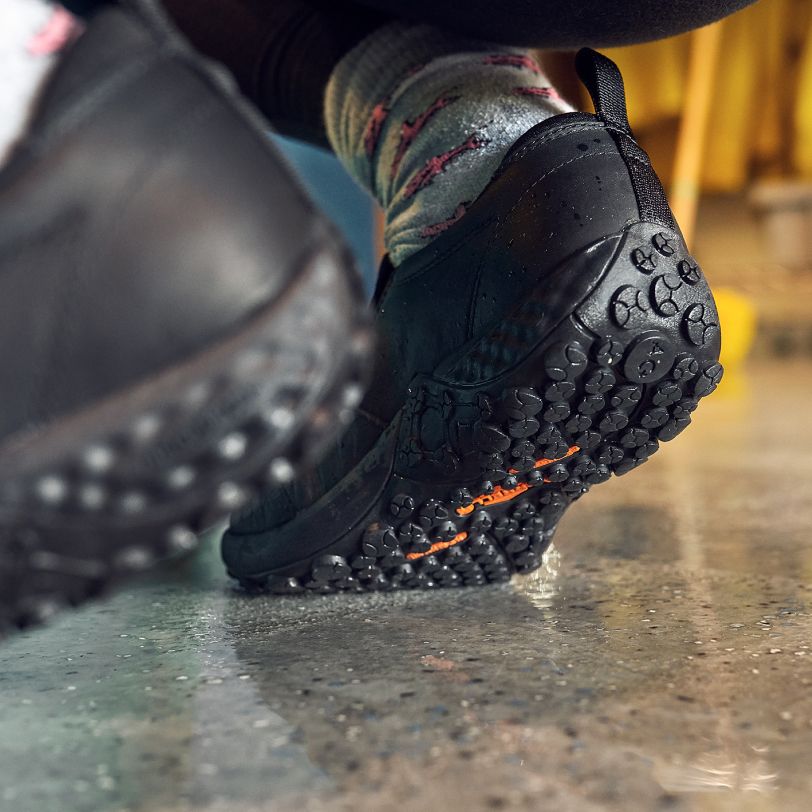 a close up of a black shoe