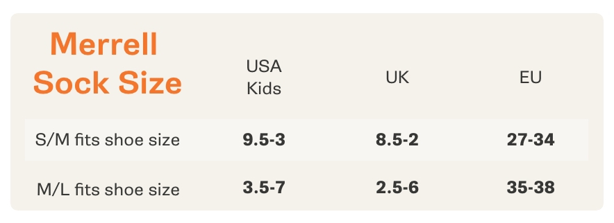 Kids sock size chart.