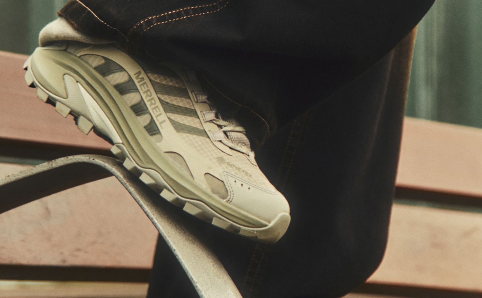 A closeup of a Merrell shoe.