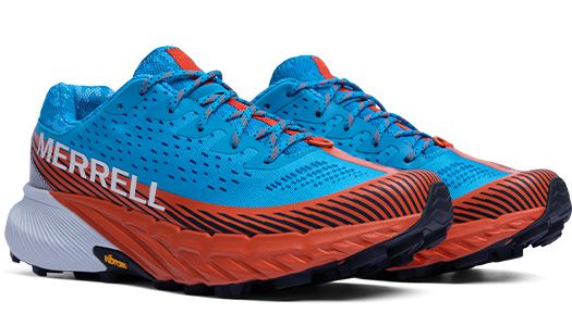 Agility Peak 5 running shoes in blue, red, and white.