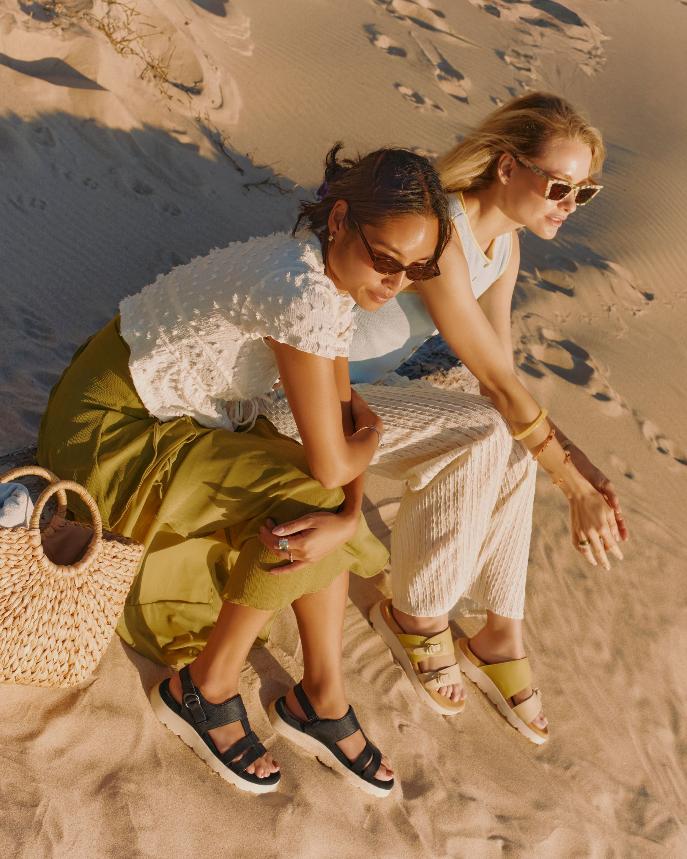 Women on the beach wearing Merrell sandals.