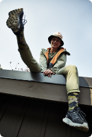 Person sitting wearing moabs.