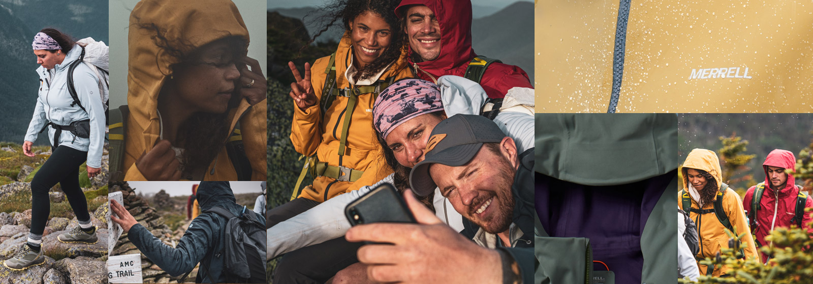 A collage of pictures feature the Whisper Rain Jacket