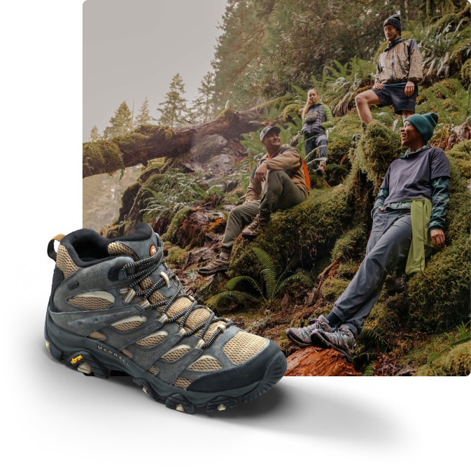 All the layers of the Moab 3 shoe next to a person running in the woods wearing the the shoes.
