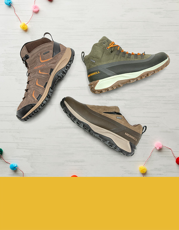 Mens Winter boots and holiday decorations.