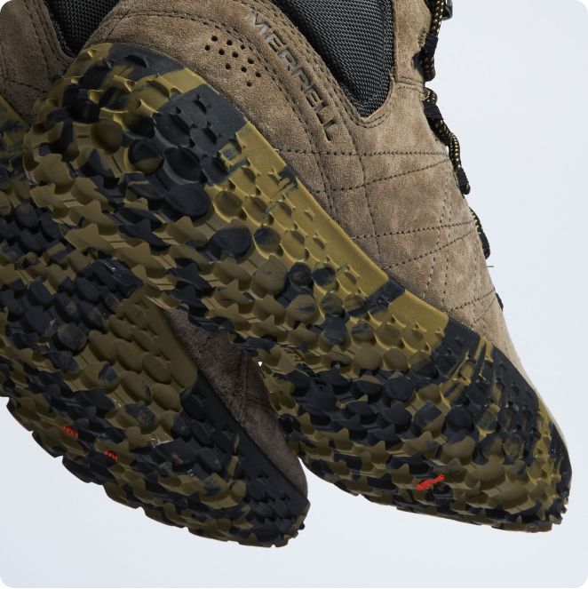 Close-up of a Merrell jungle mocs.