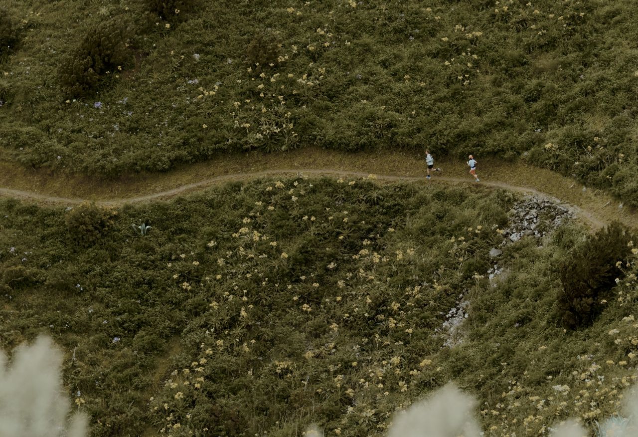 Aerial view of 2 people running down a trail.
