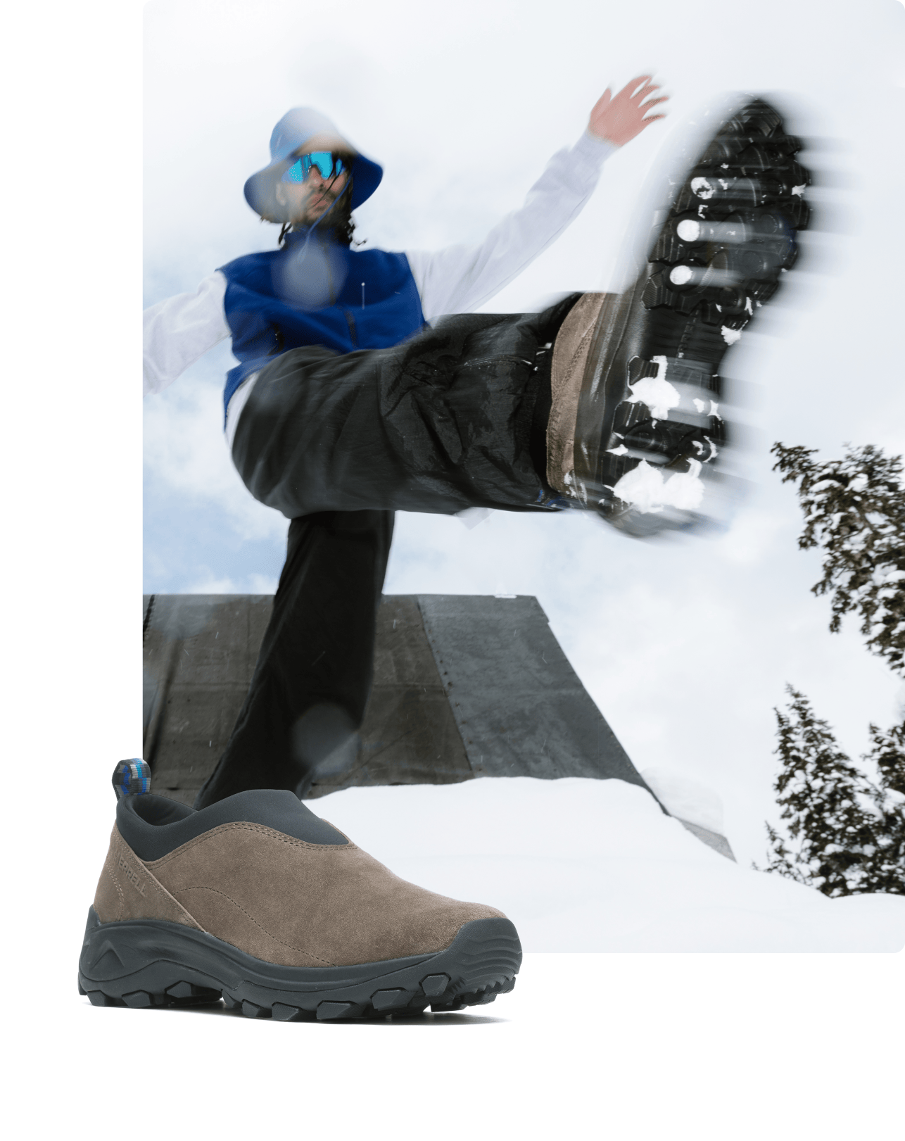 Person running a hiking trail in a pair of Winter mocs.